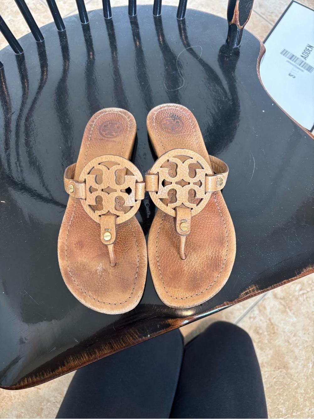 Tory Burch Tan Leather Logo Thong Sandals with Cutout Medallion
